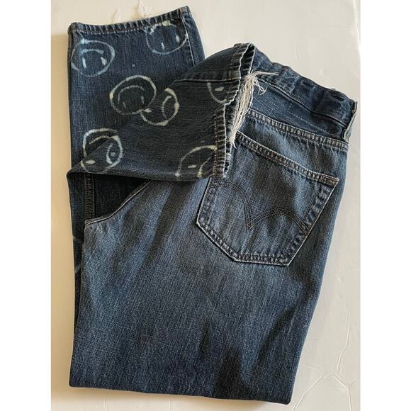 LEVI'S 505 Regular Fit Bleach Smiley Face Denim Jeans Frayed Hem Size 34/30 - Picture 4 of 16